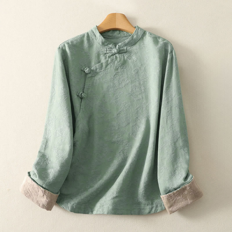 Camicia da donna in cotone e lino con bottoni, manica lunga, in jacquard con bottoni diagonali Buddha Stones - Image 7