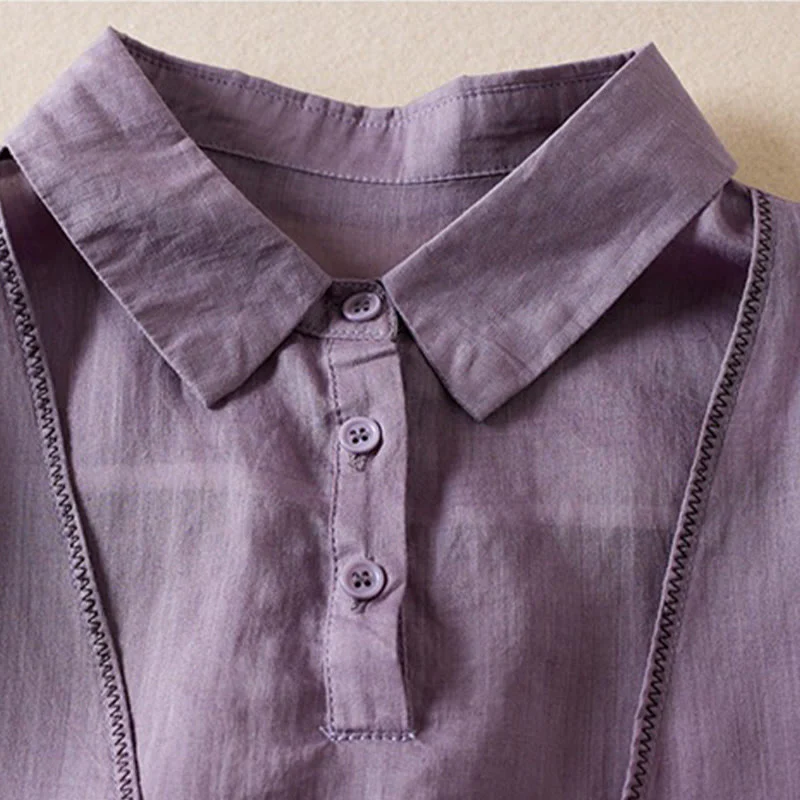 Camicia da donna in cotone e lino, modello Buddha Stones, retro, tinta unita, finto due pezzi, bottoni, mezza manica - Image 3