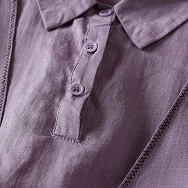 Camicia da donna in cotone e lino, modello Buddha Stones, retro, tinta unita, finto due pezzi, bottoni, mezza manica - Image 4