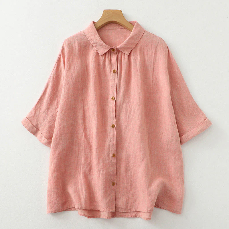 Camicia da donna in cotone e lino con maniche a mezza manica, casual, con bottoni semplici, motivo Buddha Stones - Image 9