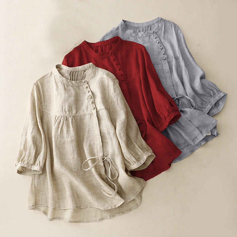 Camicia da donna in cotone e lino con maniche a tre quarti, con lacci e bottoni, motivo Buddha Stones - Image 2