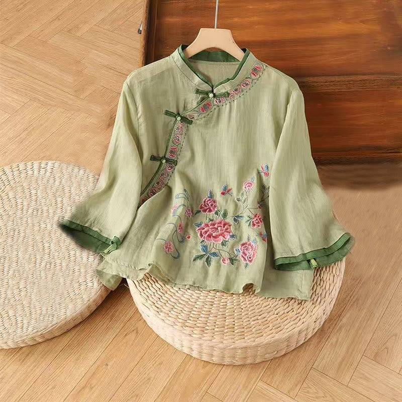 Camicia da donna in cotone e lino con maniche a tre quarti, motivo floreale, motivo zen vintage con ricamo Buddha Stones e rana cinese.