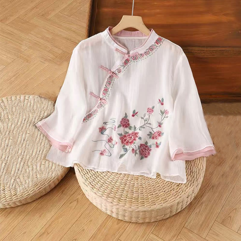 Camicia da donna in cotone e lino con maniche a tre quarti, motivo floreale, motivo zen vintage con ricamo Buddha Stones e rana cinese. - Image 2
