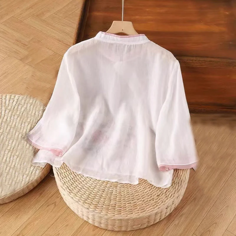 Camicia da donna in cotone e lino con maniche a tre quarti, motivo floreale, motivo zen vintage con ricamo Buddha Stones e rana cinese. - Image 3