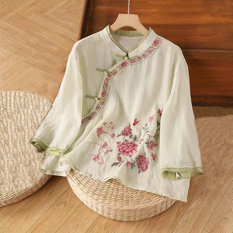 Camicia da donna in cotone e lino con maniche a tre quarti, motivo floreale, motivo zen vintage con ricamo Buddha Stones e rana cinese. - Image 4