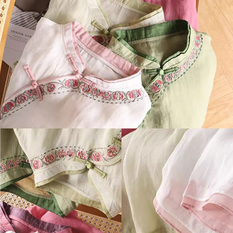 Camicia da donna in cotone e lino con maniche a tre quarti, motivo floreale, motivo zen vintage con ricamo Buddha Stones e rana cinese. - Image 8