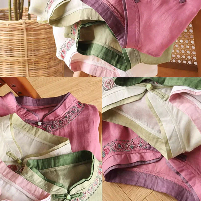 Camicia da donna in cotone e lino con maniche a tre quarti, motivo floreale, motivo zen vintage con ricamo Buddha Stones e rana cinese. - Image 9