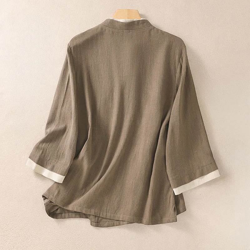 Camicia da donna in cotone e lino con maniche a tre quarti, motivo retrò con lacci e bottoni a rana, motivo Buddha Stones - Image 16