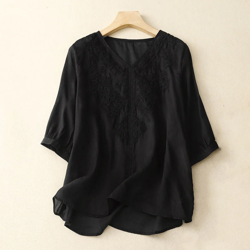 Camicia da donna a mezza manica con scollo a V e ricamo di linee con Buddha Stones - Image 12