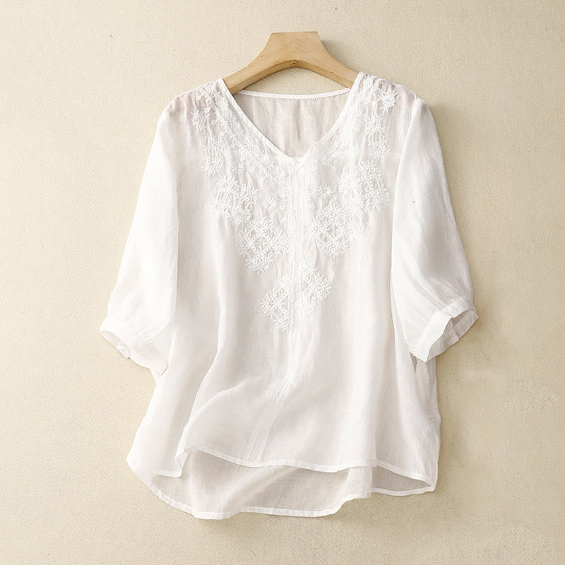 Camicia da donna a mezza manica con scollo a V e ricamo di linee con Buddha Stones - Image 16