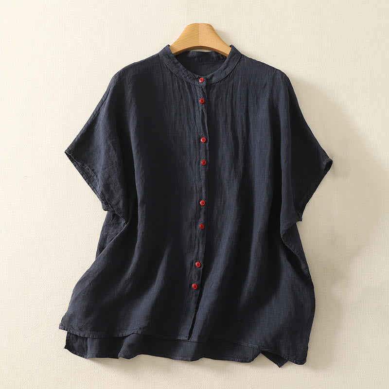 Camicia da donna in cotone e lino con maniche corte, tinta unita, estiva, bottoni rossi , Buddha Stones