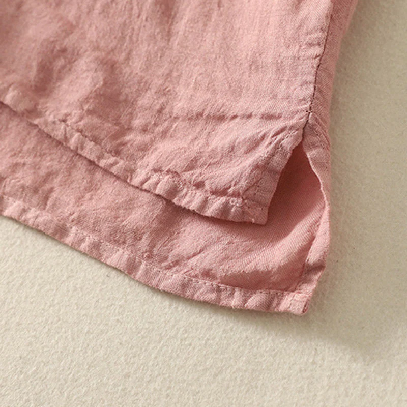 Camicia da donna in cotone e lino con maniche corte, tinta unita, estiva, bottoni rossi , Buddha Stones - Image 14