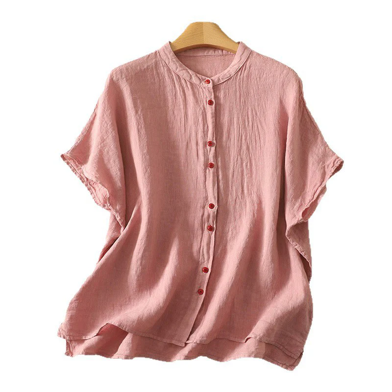 Camicia da donna in cotone e lino con maniche corte, tinta unita, estiva, bottoni rossi , Buddha Stones - Image 15
