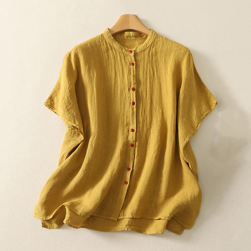 Camicia da donna in cotone e lino con maniche corte, tinta unita, estiva, bottoni rossi , Buddha Stones - Image 16