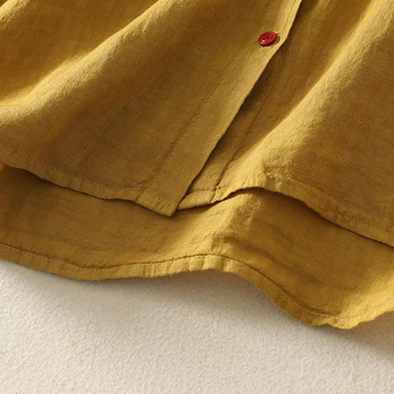 Camicia da donna in cotone e lino con maniche corte, tinta unita, estiva, bottoni rossi , Buddha Stones - Image 19