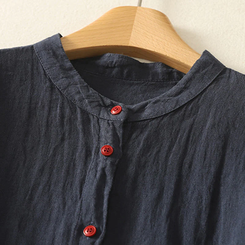 Camicia da donna in cotone e lino con maniche corte, tinta unita, estiva, bottoni rossi , Buddha Stones - Image 2