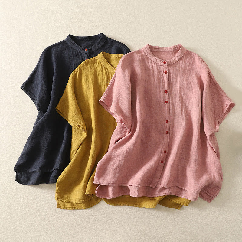 Camicia da donna in cotone e lino con maniche corte, tinta unita, estiva, bottoni rossi , Buddha Stones - Image 20