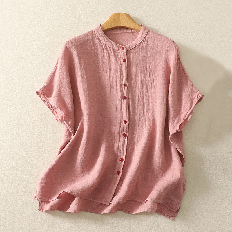 Camicia da donna in cotone e lino con maniche corte, tinta unita, estiva, bottoni rossi , Buddha Stones - Image 5