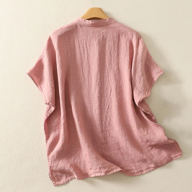 Camicia da donna in cotone e lino con maniche corte, tinta unita, estiva, bottoni rossi , Buddha Stones - Image 6
