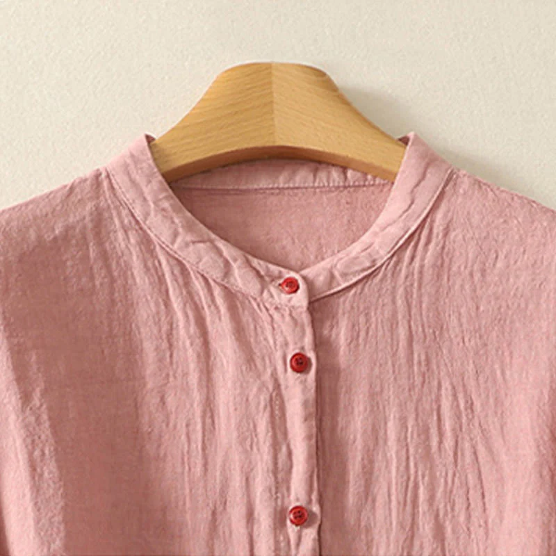 Camicia da donna in cotone e lino con maniche corte, tinta unita, estiva, bottoni rossi , Buddha Stones - Image 7