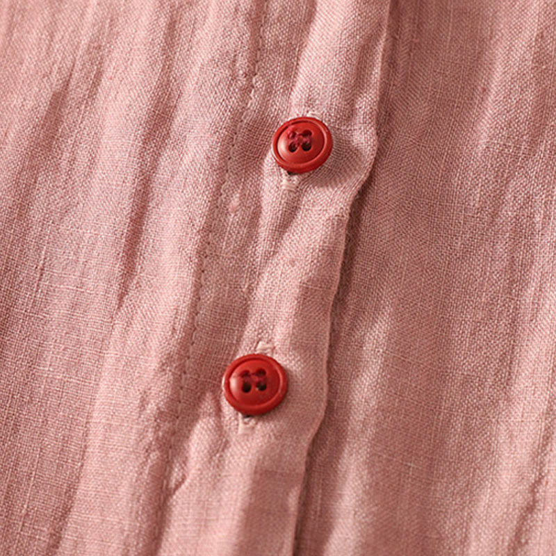 Camicia da donna in cotone e lino con maniche corte, tinta unita, estiva, bottoni rossi , Buddha Stones - Image 9
