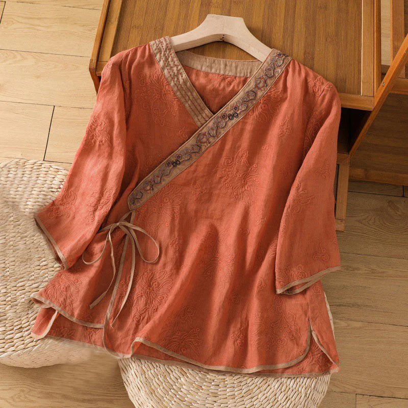 Camicia da donna in cotone e lino con scollo a V, motivo floreale con ricami vintage, motivo Buddha Stones, estate