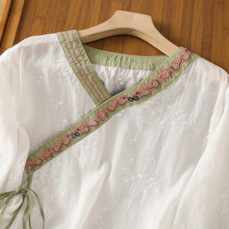 Camicia da donna in cotone e lino con scollo a V, motivo floreale con ricami vintage, motivo Buddha Stones, estate - Image 10