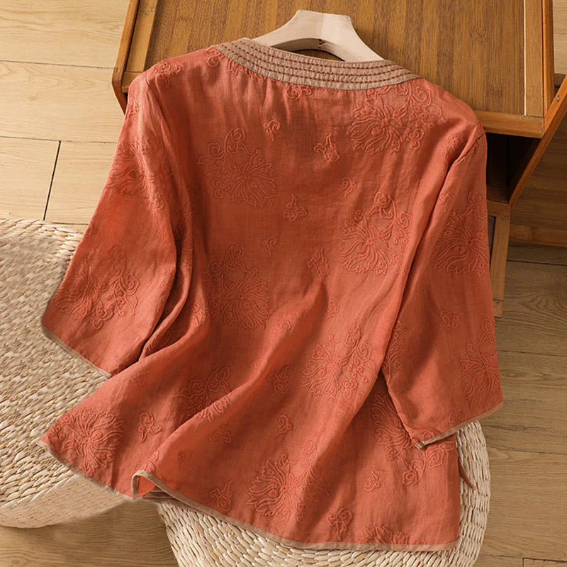 Camicia da donna in cotone e lino con scollo a V, motivo floreale con ricami vintage, motivo Buddha Stones, estate - Image 2