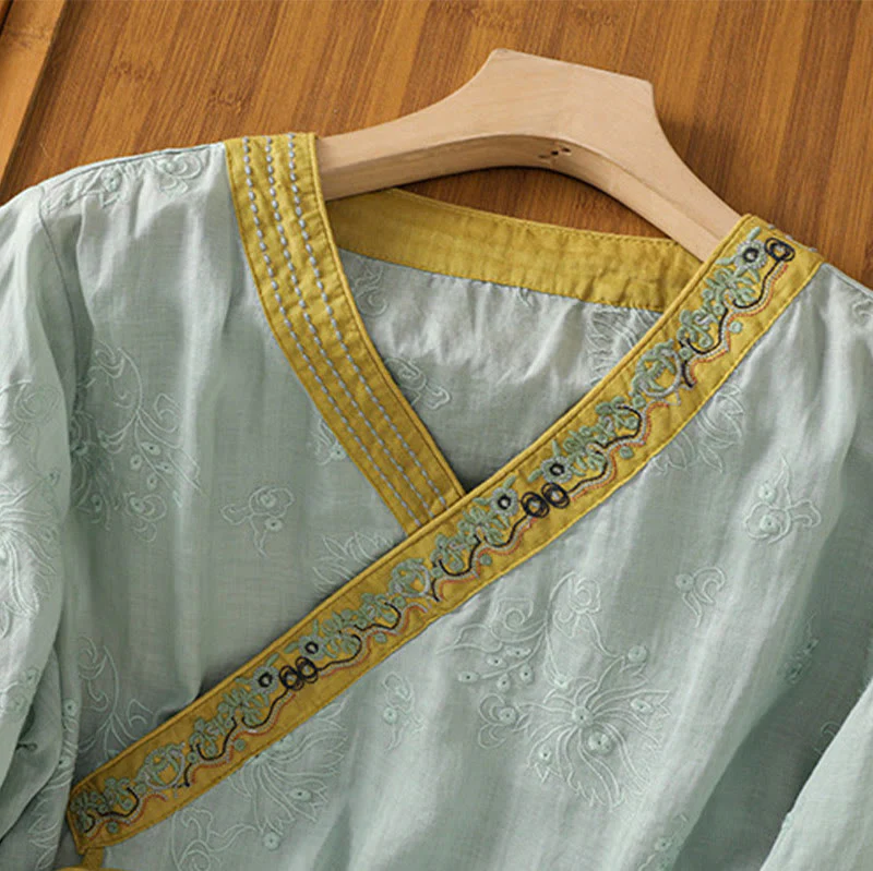 Camicia da donna in cotone e lino con scollo a V, motivo floreale con ricami vintage, motivo Buddha Stones, estate - Image 20