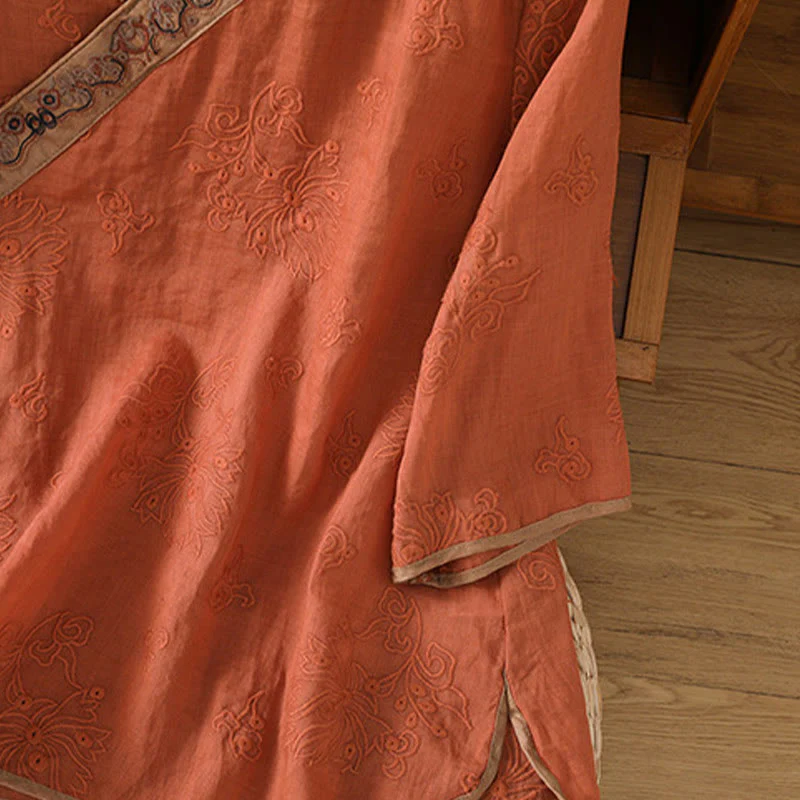 Camicia da donna in cotone e lino con scollo a V, motivo floreale con ricami vintage, motivo Buddha Stones, estate - Image 6
