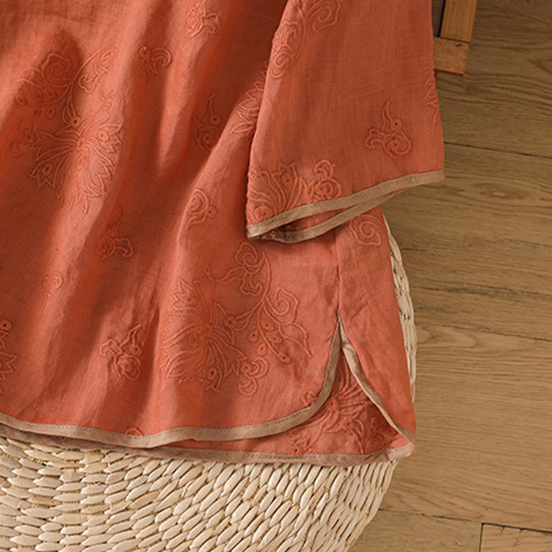 Camicia da donna in cotone e lino con scollo a V, motivo floreale con ricami vintage, motivo Buddha Stones, estate - Image 7