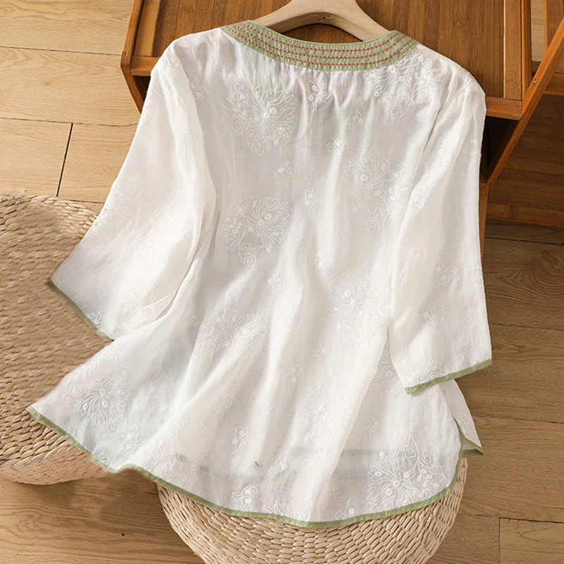Camicia da donna in cotone e lino con scollo a V, motivo floreale con ricami vintage, motivo Buddha Stones, estate - Image 9