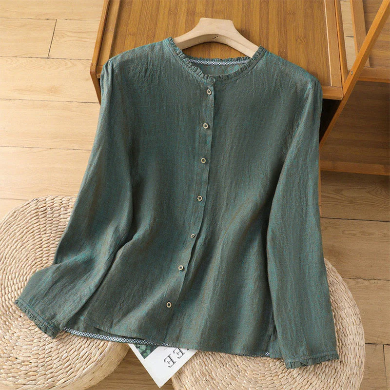 Camicia da donna in cotone e lino con scollo rotondo, motivo a bottoni tinta unita, motivo Buddha Stones Spring