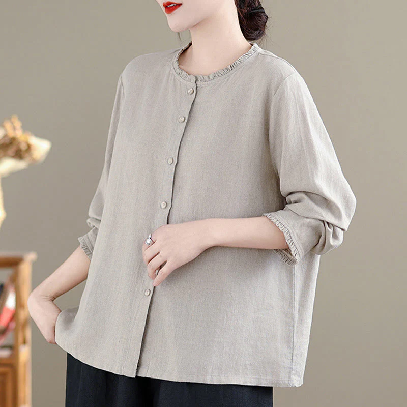 Camicia da donna in cotone e lino con scollo rotondo, motivo a bottoni tinta unita, motivo Buddha Stones Spring - Image 10