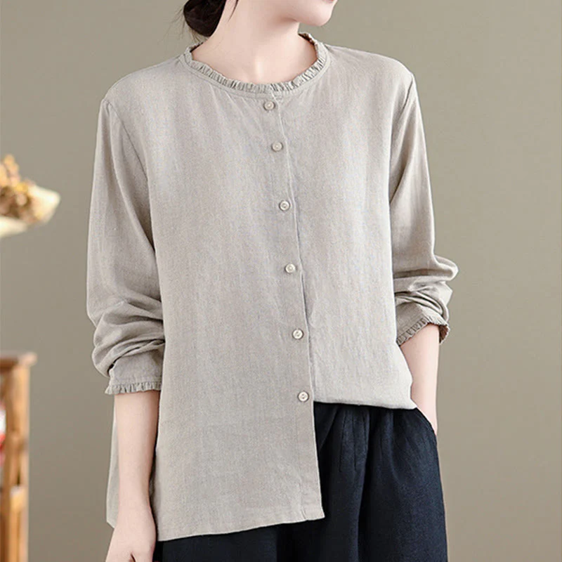 Camicia da donna in cotone e lino con scollo rotondo, motivo a bottoni tinta unita, motivo Buddha Stones Spring - Image 11