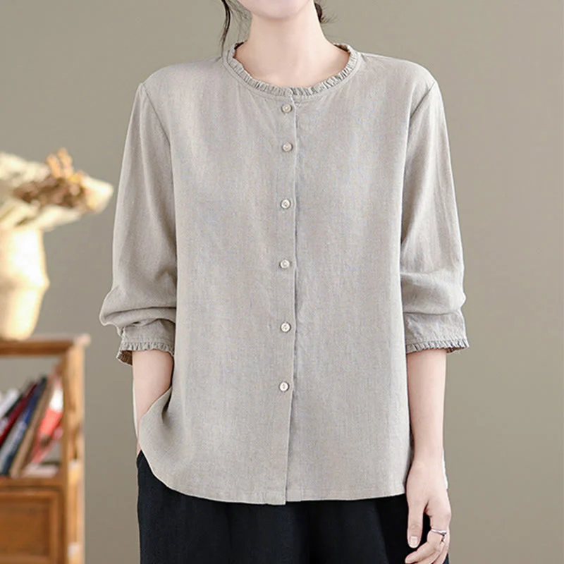 Camicia da donna in cotone e lino con scollo rotondo, motivo a bottoni tinta unita, motivo Buddha Stones Spring - Image 12