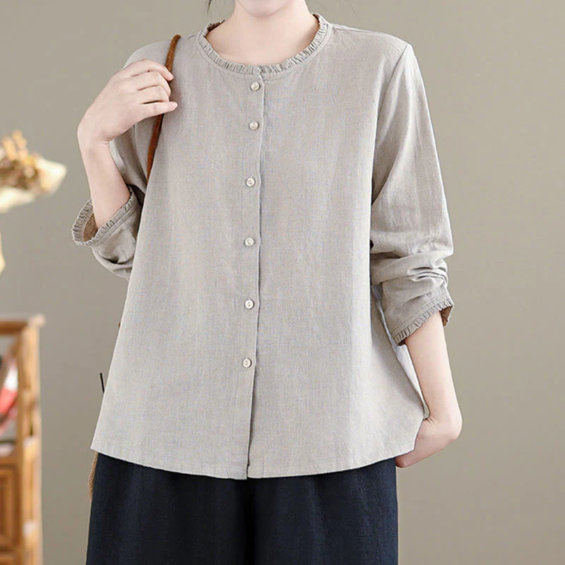 Camicia da donna in cotone e lino con scollo rotondo, motivo a bottoni tinta unita, motivo Buddha Stones Spring - Image 13