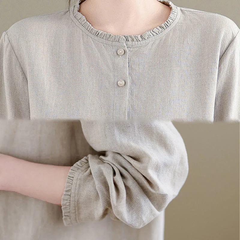Camicia da donna in cotone e lino con scollo rotondo, motivo a bottoni tinta unita, motivo Buddha Stones Spring - Image 16