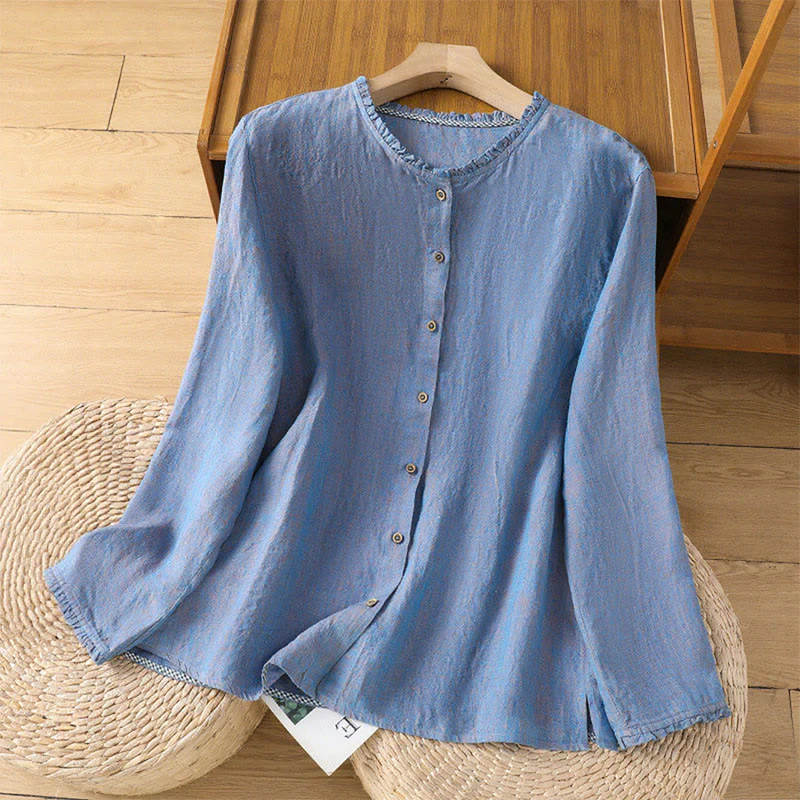 Camicia da donna in cotone e lino con scollo rotondo, motivo a bottoni tinta unita, motivo Buddha Stones Spring - Image 17