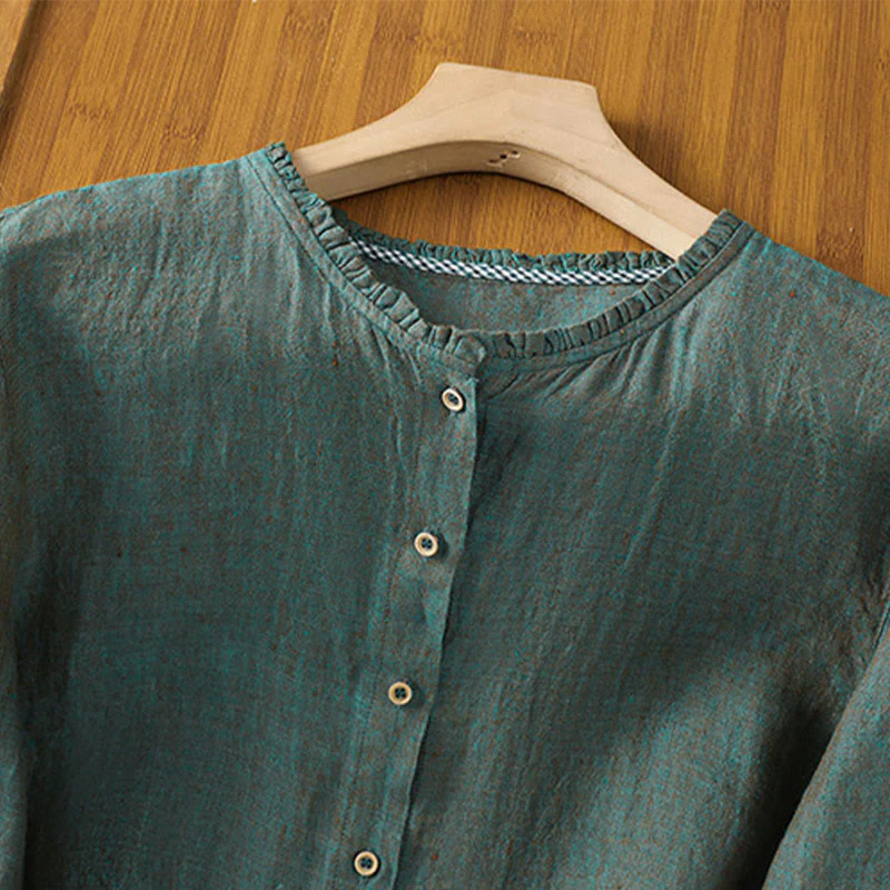 Camicia da donna in cotone e lino con scollo rotondo, motivo a bottoni tinta unita, motivo Buddha Stones Spring - Image 2