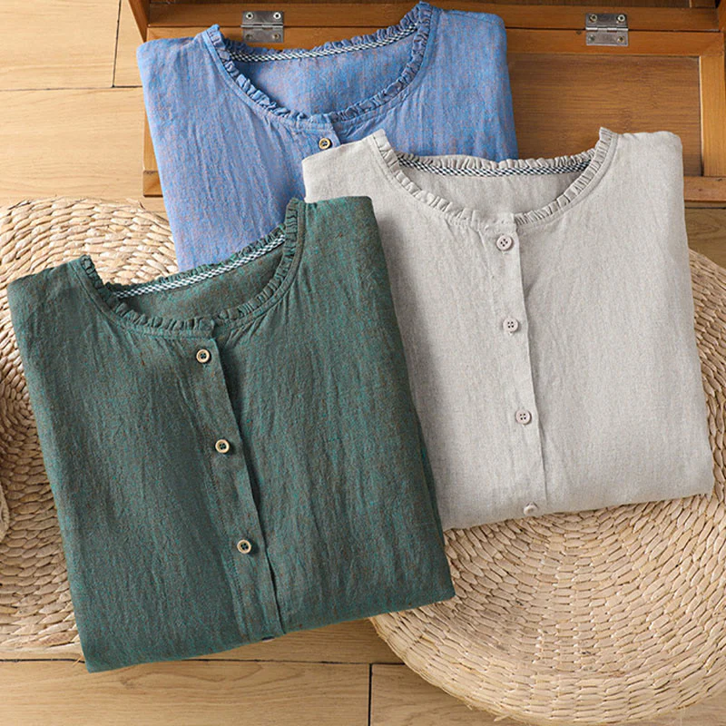 Camicia da donna in cotone e lino con scollo rotondo, motivo a bottoni tinta unita, motivo Buddha Stones Spring - Image 21