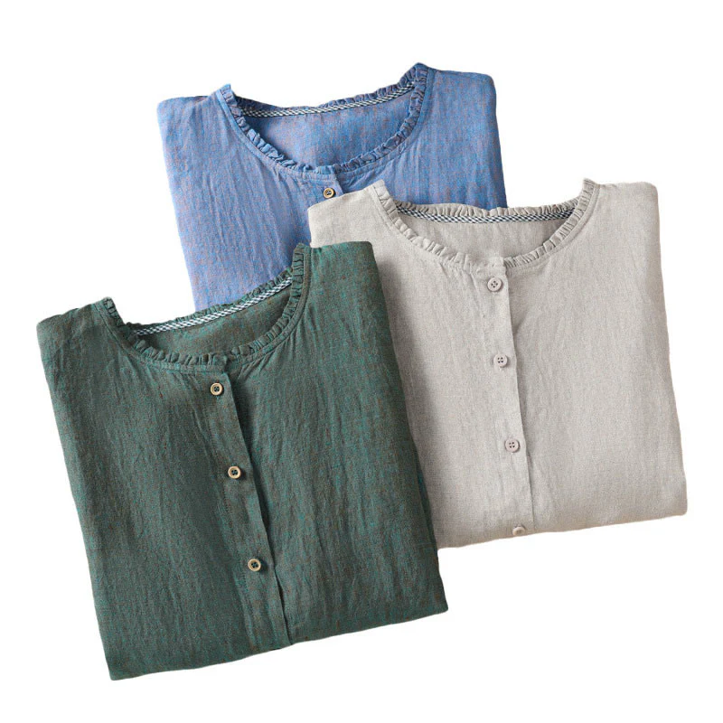 Camicia da donna in cotone e lino con scollo rotondo, motivo a bottoni tinta unita, motivo Buddha Stones Spring - Image 22