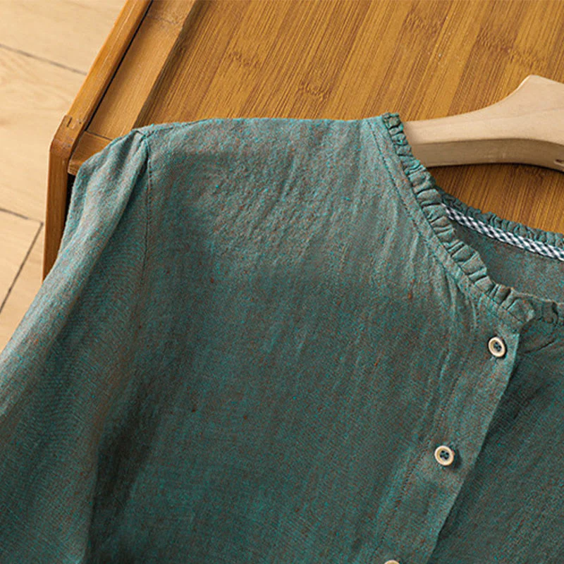 Camicia da donna in cotone e lino con scollo rotondo, motivo a bottoni tinta unita, motivo Buddha Stones Spring - Image 3