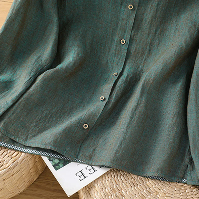 Camicia da donna in cotone e lino con scollo rotondo, motivo a bottoni tinta unita, motivo Buddha Stones Spring - Image 5