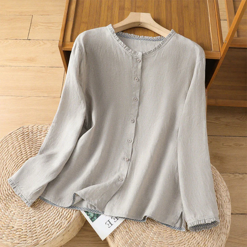Camicia da donna in cotone e lino con scollo rotondo, motivo a bottoni tinta unita, motivo Buddha Stones Spring - Image 6