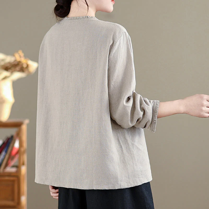 Camicia da donna in cotone e lino con scollo rotondo, motivo a bottoni tinta unita, motivo Buddha Stones Spring - Image 8