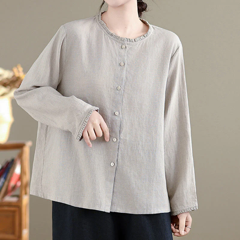 Camicia da donna in cotone e lino con scollo rotondo, motivo a bottoni tinta unita, motivo Buddha Stones Spring - Image 9