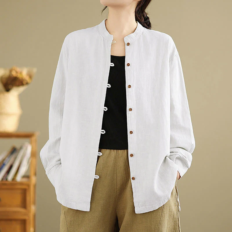 Camicia da donna in cotone e lino a maniche lunghe con bottoni frontali in tinta unita Buddha Stones - Image 10