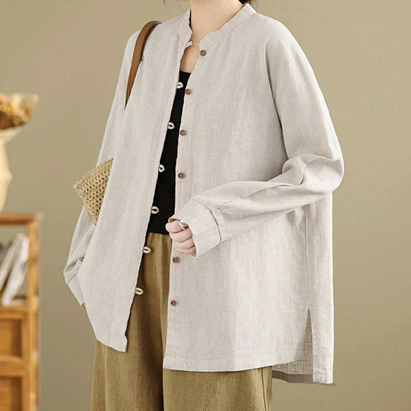 Camicia da donna in cotone e lino a maniche lunghe con bottoni frontali in tinta unita Buddha Stones - Image 2