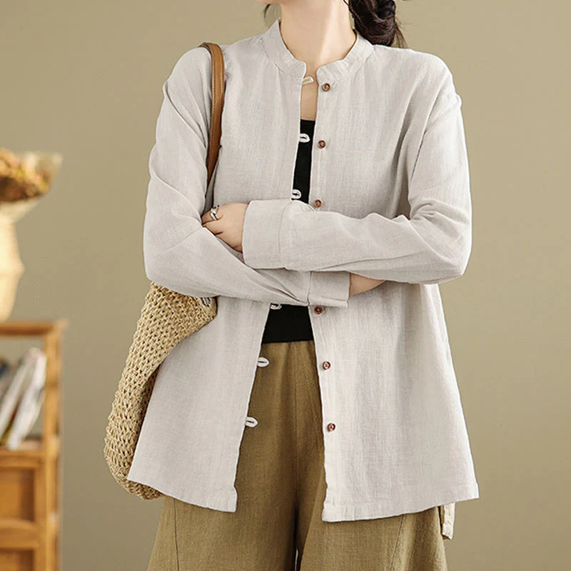 Camicia da donna in cotone e lino a maniche lunghe con bottoni frontali in tinta unita Buddha Stones - Image 4